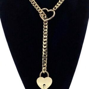Gold Plated Stainless Steel Heart Lock & Key Lariat Necklace